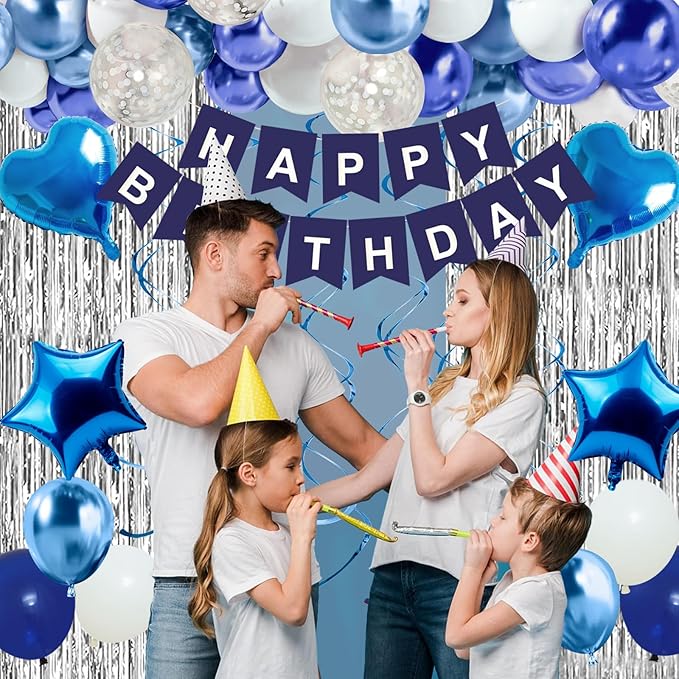 Blue Birthday Decorations for Boys Men - 50 PCS Blue Party Decorations include Happy Birthday Banner Silver Fringe Curtain Heart Star Balloons and Hanging Swirls for Birthday Party Supplies