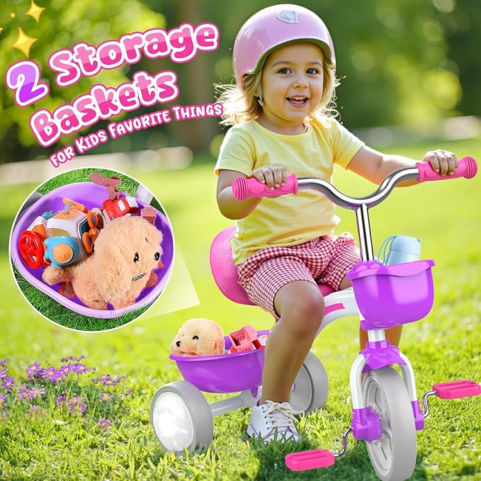 Toddler Tricycle for 1-3 3-5 Year Olds, 2 3 4 5 Year Old Girl Birthday Gifts, Purple Toddler Baby Bike, 4-Level Adjustable Seat, 3 Color Light Wheels, 2 Baskets, Outdoor Riding Toys for Ages 2-4