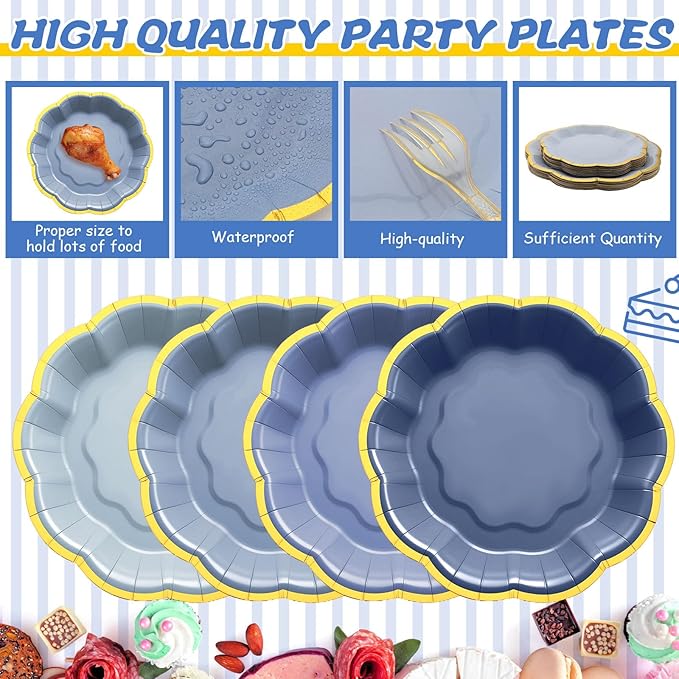 Vesici 144 Pcs Dusty Blue Party Plates with Napkins 9 Inch 7 Inch Paper Plates and Disposable Napkins with Gold Foil Border for Tea Birthday Bridal Baby Shower Wedding Party Supplies