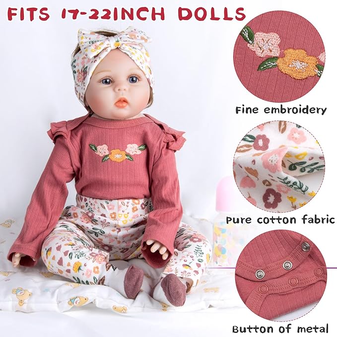 11Pcs Reborn Baby Doll Clothes 17-22 Inch Girl Floral Reborn Doll Clothes with Backpack Newborn Baby Outfits Diapers Bag & Fedding Bottle, Pretend Play Doll Accessories Set