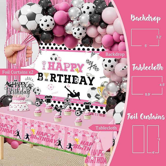 Pink Soccer Birthday Party Decorations Kit for Girls – Soccer-Themed Party Supplies with Backdrop Tablecloth Cake & Cupcake Toppers Soccer Party Decor for Soccer Fans Girls Women Birthday Decorations