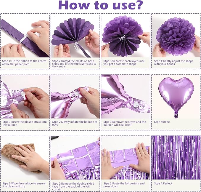 Purple Birthday Decorations for Women, Happy Birthday Party Decorations, Happy Birthday Banner, Purple Balloons, Foil Fringe Curtains, Tissue Paper Pompoms, Heart Garland, Party Decor for Girls