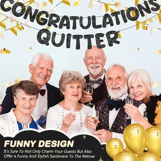 Fulmoon Pre Strung Congratulations Quitter Glitter Banner Funny Retirement Banner Graduation Party Decorations Going Away Supplies Garland for Men Women Gifts, No DIY(Black)