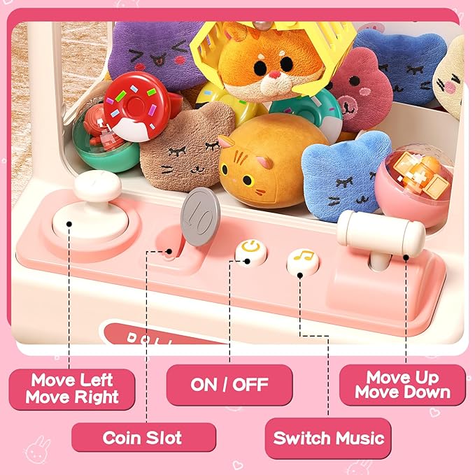 55 PCS Mini Claw Machine for Kids Bunny, Vending Machine with Lights Sound, Electronic Prize Dispenser for Kids Girls, Claw Toys Game Gifts for 4 5 6 7 8 Years Old Girls Boys