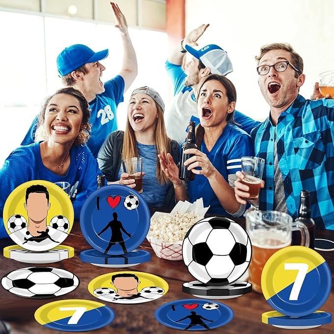 48Pcs Soccer Paper Plates Set Soccer Star Disposable Dessert Plates Supplies 7Inch Blue and Yellow Sports Ball Plate Sport Party Dinnerware Decorations for Birthday Baby Shower Party Decorations