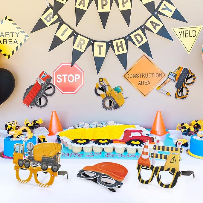 Construction Party Supplies 12PCS Construction Party Felt Glasses with Tractor Excavator Dump Truck Plastic Construction Toys Gift for Kids Toddlers Construction Birthday Party Decor Supplies