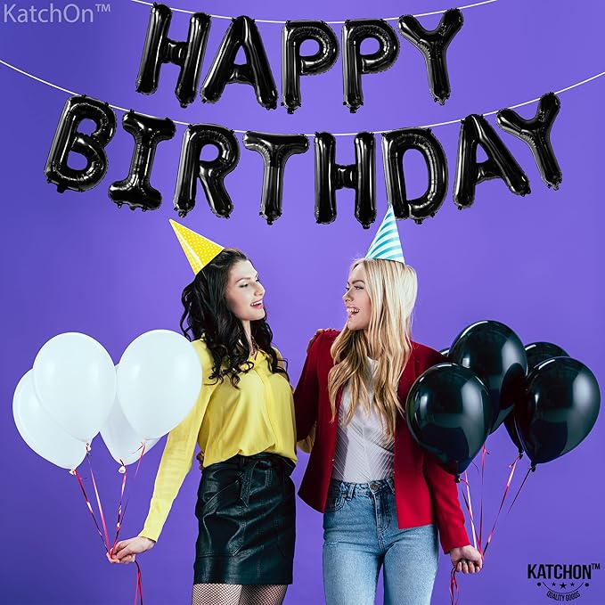 KatchOn, Black Happy Birthday Balloons Banner - 16 Inch | Foil Balloon Banner For Happy Birthday Decorations | Balloon Letters Sign For Birthday Party Decoratioans | Halloween Birthday Decorations