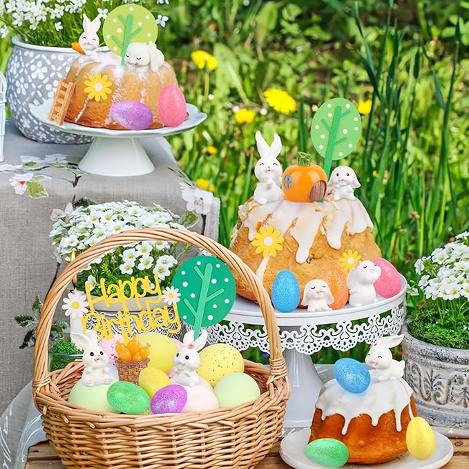 Hooqict 29Pcs Easter Cake Decorations Set with Mini Rabbits, Easter Eggs, Carrots, Happy Birthday Bunny Cake Topper & Cupcake Topper for Kids Bunny Birthday Decorations Rabbit Themed Party Supplies
