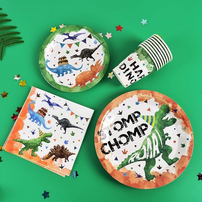 Watercolor Dinosaur Party Supplies - Disposable Dinosaur Party Tableware for Kids Boys Birthday Includes Luncheon Dinner Dessert Plates Napkins Paper Cups Serves 16 Guests 64 PCS