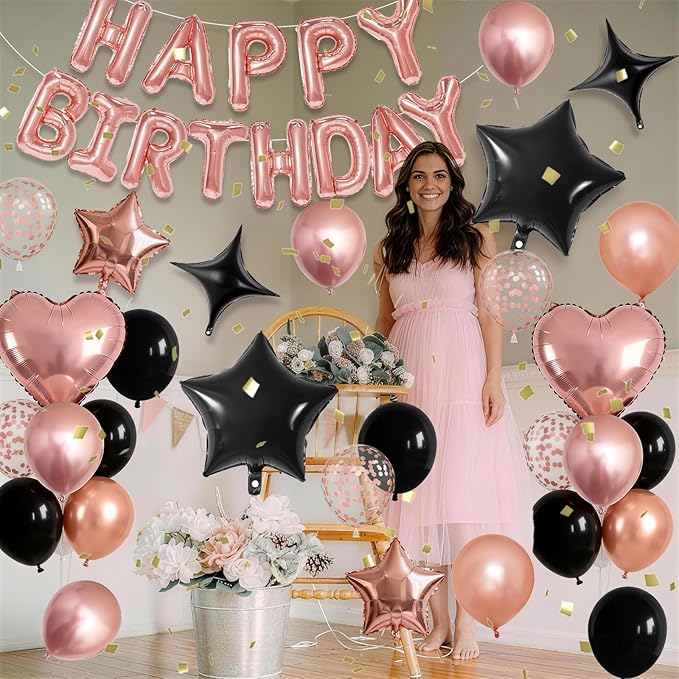 Rose Gold and Black Birthday Decorations for Women Black Pearl Rose Gold Metallic Party Balloons Confetti Balloon Happy Birthday Banner Heart Balloons 18/10 Inch Star Balloon for Bday Party Supplies