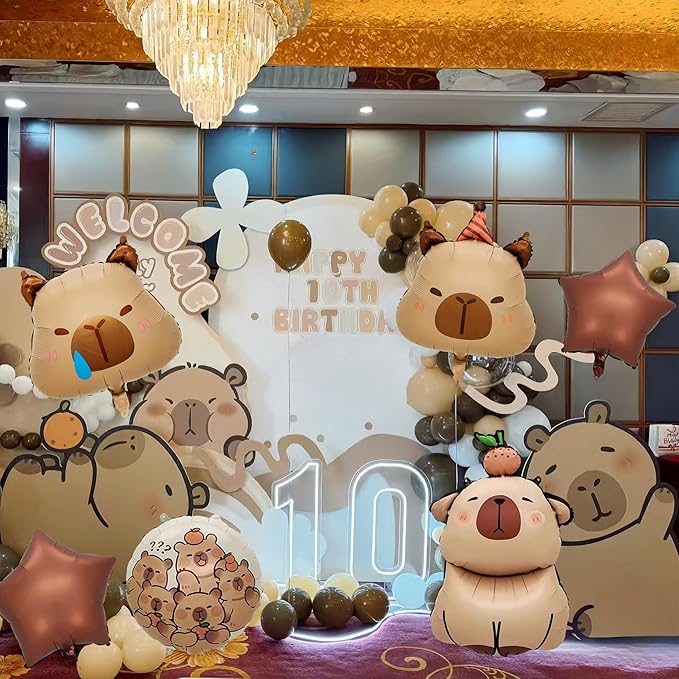 7 PCS 24" Capybara Foil Balloons - Animal Theme Birthday Decorations for Baby Shower, Gender Reveal Party Supplies, Durable Aluminum Mylar Balloons with Hanging Strings & Star Accents