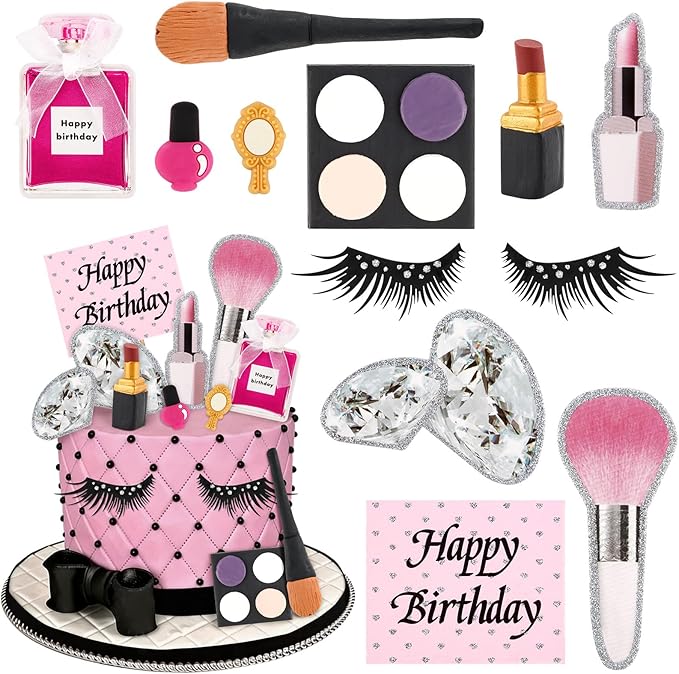 Hooqict 12Pcs Makeup Cake Decorations Set with Mini Lipstick, Mirror, Makeup Tools, Spa Birthday Party Cake Toppers & Cupcake Toppers for Girls Women Spa Birthday Party Supplies
