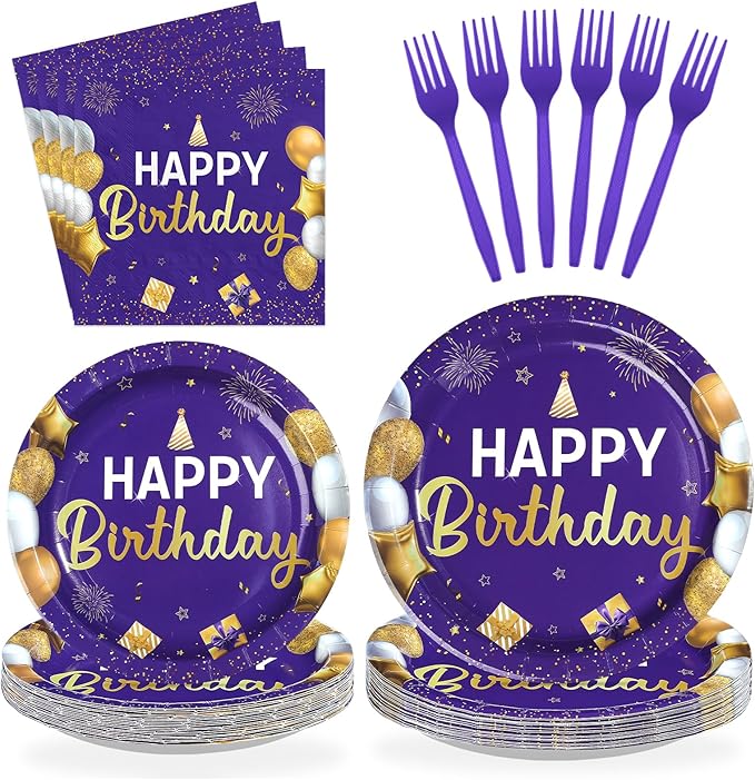 96Pcs Purple and Gold Birthday Party Decorations for Women Purple and Gold Happy Birthday Plates and Napkins Sets Princess Decorations for Girls Lady Bday Party Supplies Serves 24