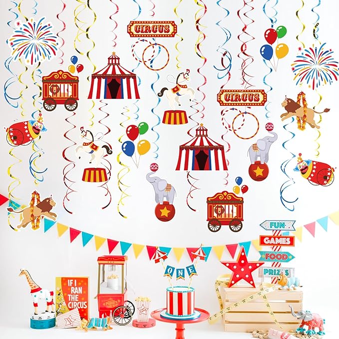 Carnival Hanging Swirl Set Party Decorations, 48 Pcs, Circus Joker Balloon Party Supplies Sign,Red Blue Yellow
