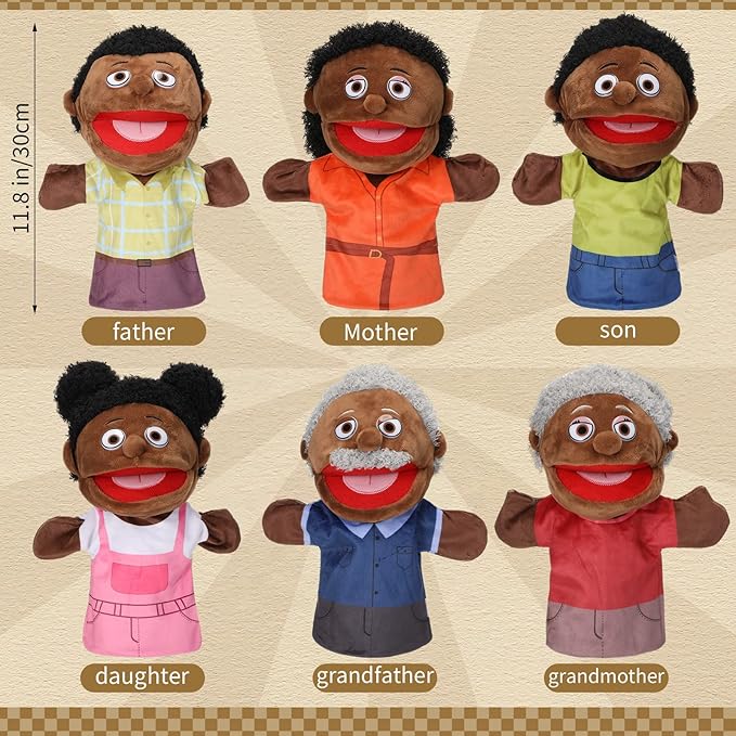 Lenwen 6 Pcs Family Hand Puppet Set Family Members Puppets with Movable Mouth Soft Plush for Boys and Girls Teens Kids Storytelling Play School Teaching Preschool (African American)