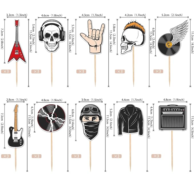 30 PCS Rock and Roll Party Cupcake Toppers Rockstar Music Cupcake Picks Guitar Musical Instrument Cake Decorations for 80's Retro Muscial Theme Baby Shower Birthday Party Supplies