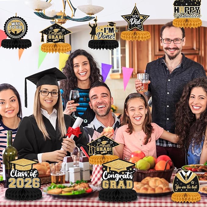 8 Pieces Class of 2025 Graduation Table Decorations - 2025 Congrats Grad Honeycomb Centerpieces, Black and Gold Graduation Table Toppers Decor for 2025 Graduation Party Decorations Favor Supplies
