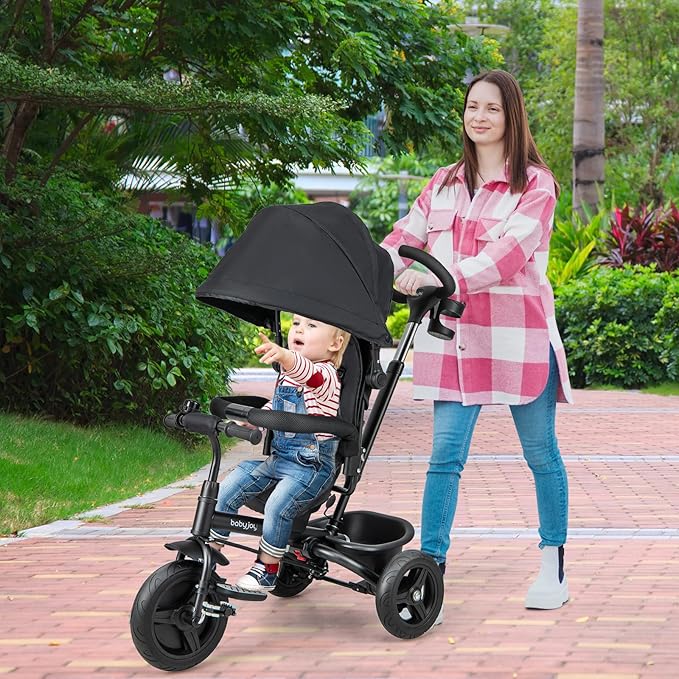 BABY JOY Tricycle, 6 in 1 Trike for Toddler w/Reversible Seat, Adjustable Canopy & Parent Handle, 5-Point Safety Belt, PU Wheels and Storage Basket, Push Tricycle for 9-60 Months (Black)