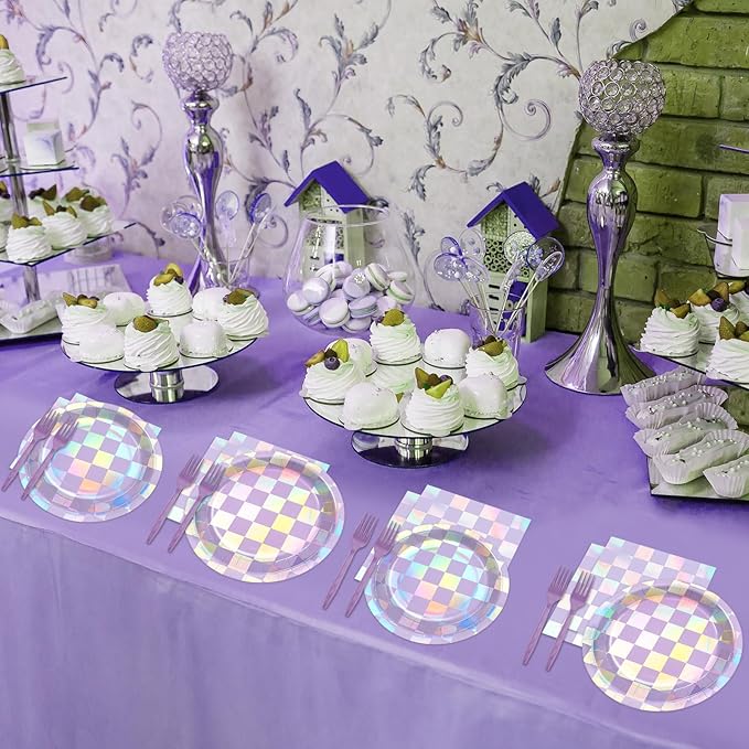 96Pcs Iridescent Birthday Party Supplies Purple Checkered Paper Plates Napkins Holographic Party Tableware Set Sparkle Tableware for Birthday Baby Shower Bachelorette Decoration Serve 24