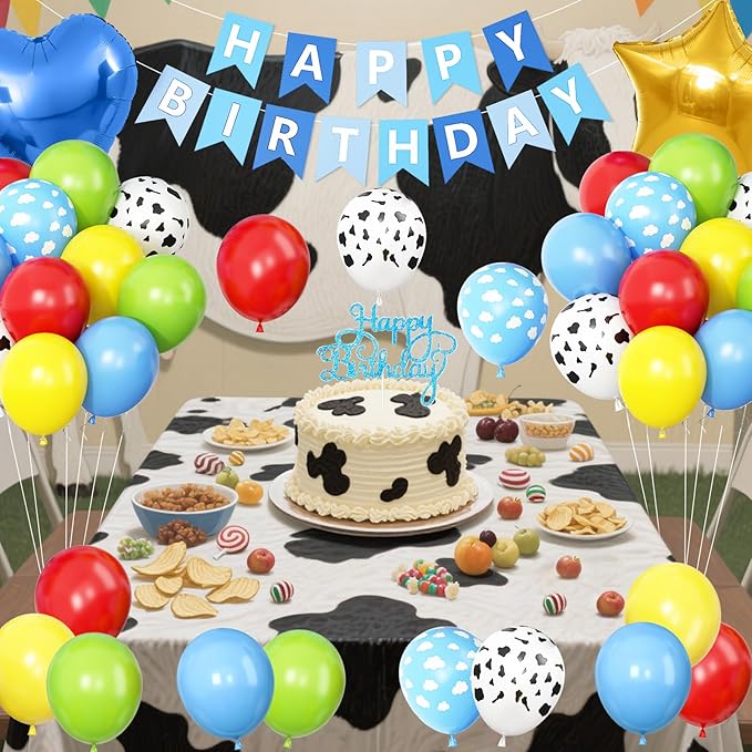 Red Yellow Blue Birthday Decorations,Kids Birthday Decor with Cow Print Sky Light Blue Cloud Balloon Banner Cake Topper Star Heart Foil Balloon for Farm Themed Party Decorations