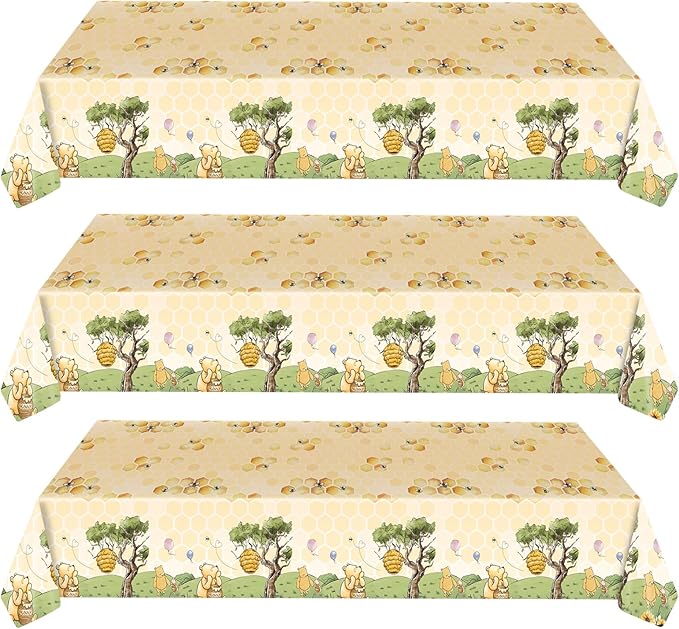 3pcs Party Tablecloth Bear Baby Shower Tablecloths Classic Bear Disposable Thickened Plastic Table Cover for Kids 1st 2rd Baby Party Supplies 54x108Inches (Yellow)