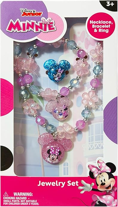LUV HER Disney Minnie Girls Jewelry Set - Dress up Toy Jewelry Box Sets with Bead Necklace, Bead Bracelet and Ring - Play Accessories - Ages 3+