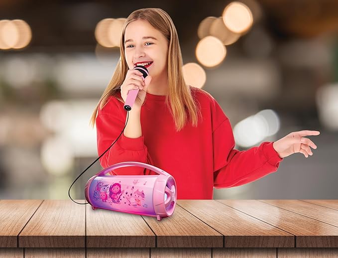 Lexibook, Gabby's Dollhouse, Wireless Light Speaker with Mic, Stereo Audio, Karaoke Function, USB and SD Card Ports, Rechargeable Battery, Handle to Take Everywhere, Pink, BTP585GDHZ
