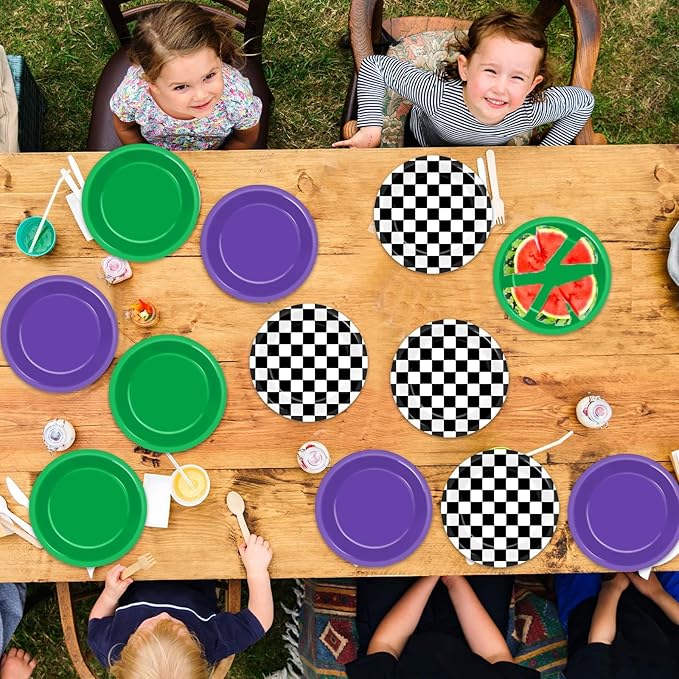 CHUNNIN 48PCS Green Purple Monster Truck Party Paper Plates for Monster Truck Themed Party Supplies 7" Checkered Racing Car Cake Disposable Dinnerware for Kids Birthday Baby Shower Decorations