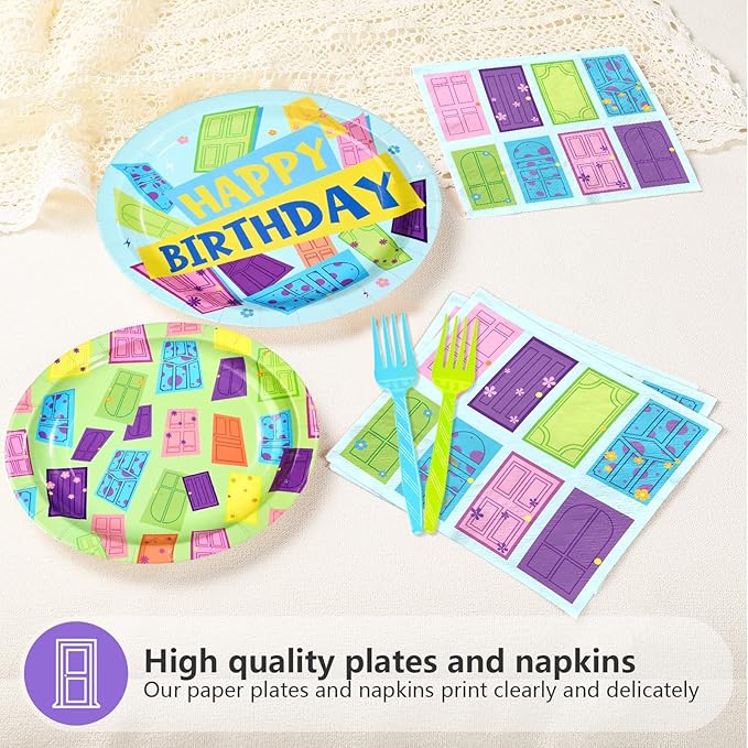 96Pcs Monster Birthday Party Supplies Colorful Door Party Plates and Napkins Disposable Monster Themed Tableware Set for Kids Birthday Baby Shower Decorations, Serves 24