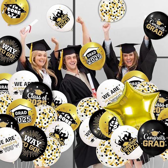 Black Gold Graduation Balloons Class of 2025 Graduation Decorations Class of 2025 Black Gold Graduation Party Decorations-12 Inch