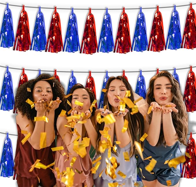 3P Blue Red Metallic Fringe Tassel Banner Garland Foil Tinsel Streamer Wall Curtain Backdrop for Parade Floats, Graduation, Independence Day, 4th of July, Patriotic Themed Party Decoration