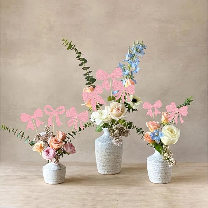 Gyufise 12Pcs Bow Centerpiece Sticks Birthday Bowknot Ribbons Coquette Table Flower Centerpieces Sticks Bow High Footed Party Decorations for Bridal Shower Birthday Wedding Party Supplies Pink