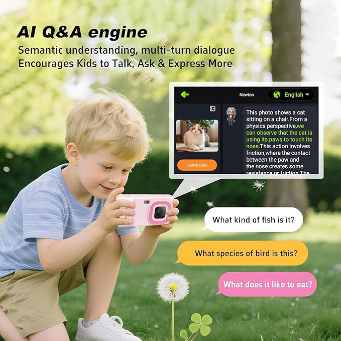 AI Kids Camera for 3–11 Year Old Boys and Girls, AI Learning Digital Video Camera with with Object Recognition, Best Birthday, WiFi Kids Toy Camera 16GB (Pink)