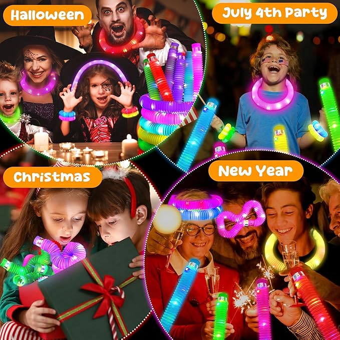 24 Pcs Large Glow Sticks for Kids,Christmas Light Up Pop Tubes Party Favors,Valentine Glow In The Dark Bulk Toys Classroom Supplies,Led Necklace Goodie Bag Stocking Stuffers Decor for Camping Dance