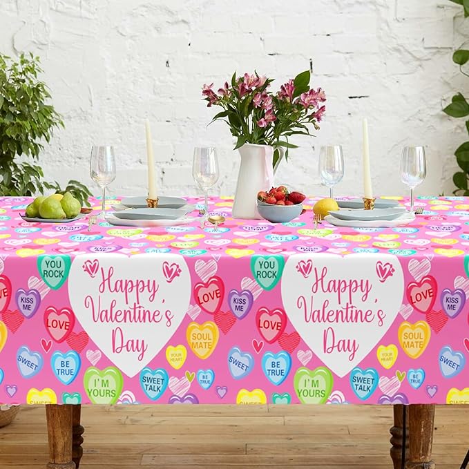 3Pcs Valentines Day Tablecloth, 54 x 108 Inch Conversation Hearts Plastic Table Cover, Pink Heart Tablecloth for Wedding Anniversary, Valentines Day Decorations
