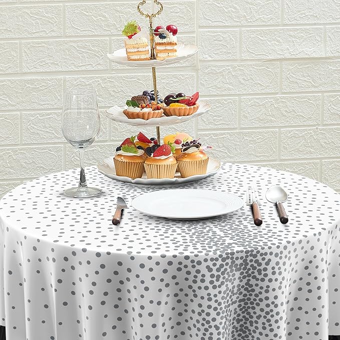 VitalCozy Round Dot Tablecloth 84 Inch Plastic Table Cover Polka Dot Confetti Tablecloths for Easter 2026 Graduation Prom Wedding Birthday Spring Party Supplies(White and Silver,3 Pcs)