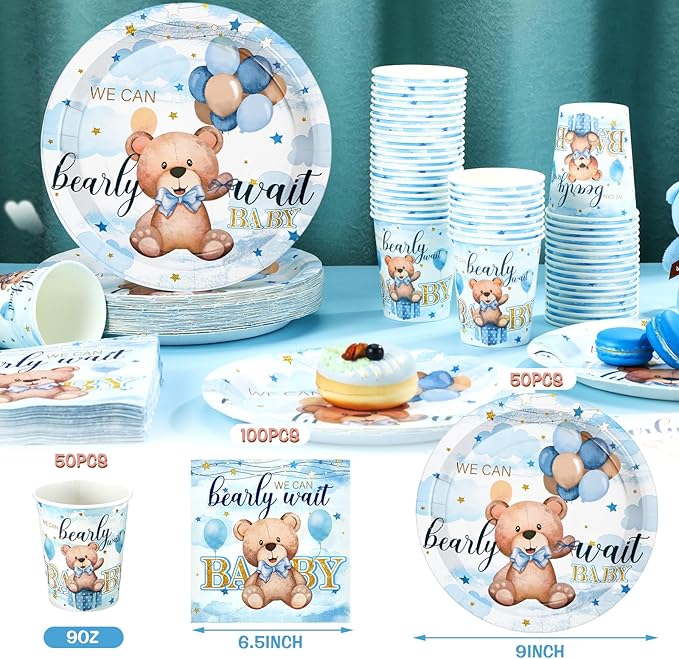 Hushee 200 Pcs Blue Bear Baby Shower Paper Plates Napkins Cups Baby Shower Party Supplies Tableware Set Bear Theme Disposable Cup Napkin for 50 Guest Boy Sets Spring Party Decoration Boy Girl
