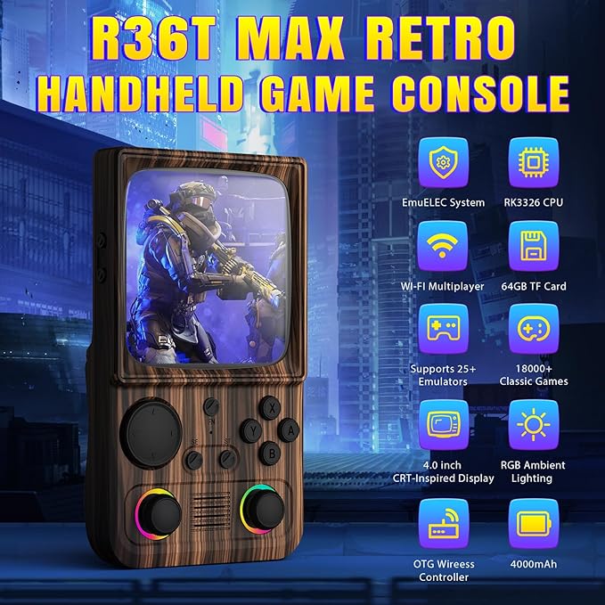 R36T MAX Upgraded Retro Handheld Game Console with 4000mAh Battery, 4.0'' IPS Screen, Retro Gaming Console with Portable Case, Supports WiFi Networked Fighting and OTG(Wood Grain Coffee Brown)