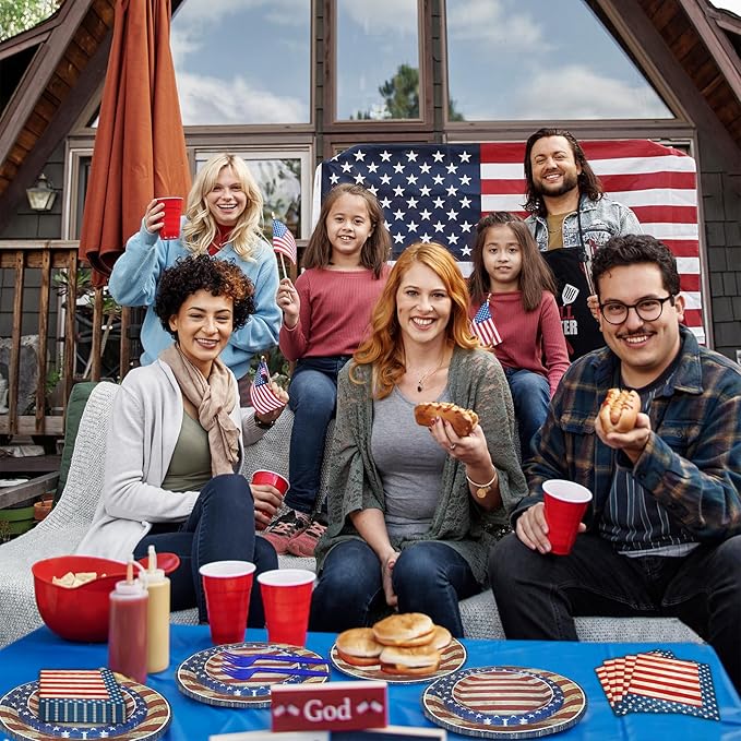 100 Pcs American Flag Party Supplies Set, Serves 25 – Disposable Patriotic Paper Plates, Napkins, and Forks, USA Flag-Themed Tableware for 4th of July, Memorial Day, Veterans Day, Independence Day BBQ