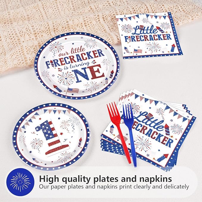 Grencian 96Pcs 4th of July 1st Birthday Party Supplies First Birthday Plates and Napkins Sets for Independence Day Patriotic Baby Shower One Year Old Decorations Serves 24