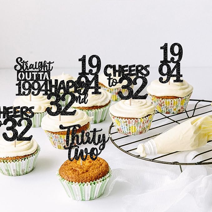 30PCS Black 32nd Birthday Cupcake Toppers Glitter Thirty Two Happy 32nd Straight Outta 1994 Cupcake Picks for Cheers to 32 Years Birthday Wedding Anniversary Party Cake Decorations Supplies