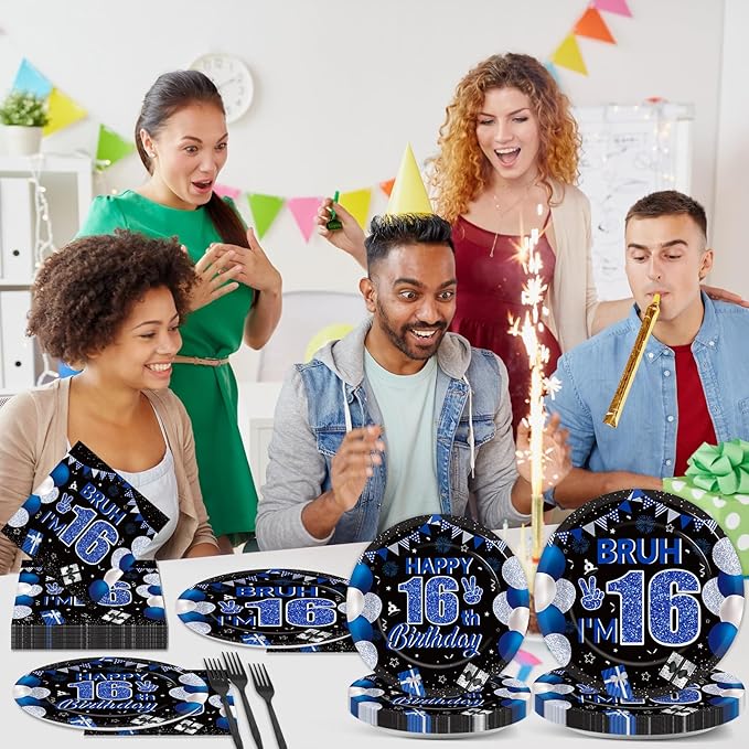 96PCS 16th Birthday Party Paper Plates and Napkins and Forks Set for Blue and Silver Bruh I'm 16 Years Old Party Paper Plates Disposable Decor Happy 16th Parties Set for Teens Birthday Decorations