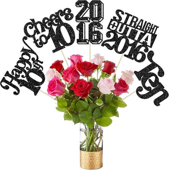 Gyufise 15Pcs Happy 10th Birthday Centerpiece Sticks Ten Straight Outta 2016 Table Flower Centerpieces Sticks Cheers to 10 Decorations for 10th Birthday Party Supplies Black