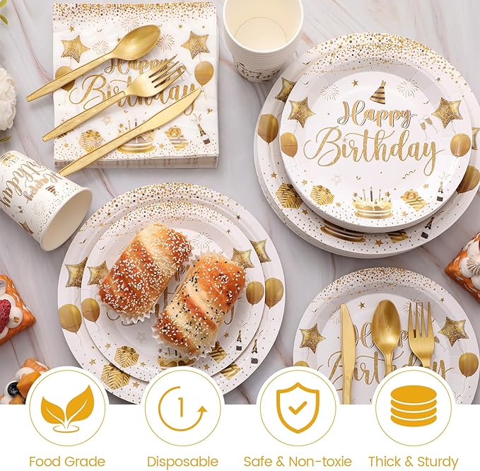 Vesici 350 Pcs Happy Birthday Party Supplies Disposable Party Tableware Set Serves 50 Included Plates Napkins Cups Cutlery for Men Woman 50th 80th Birthday Party Decorations(White Gold)