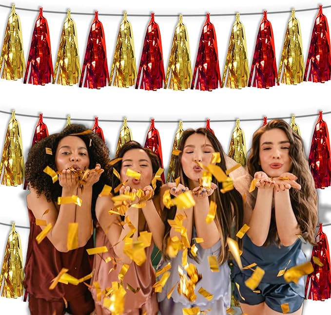 3P Red Gold Metallic Fringe Banner Garland Foil Tinsel Streamer Wall Hanging Curtain Backdrop Banners for Parade Floats Graduation Halloween, Christmas, Baby Bridal Shower Party Decorations