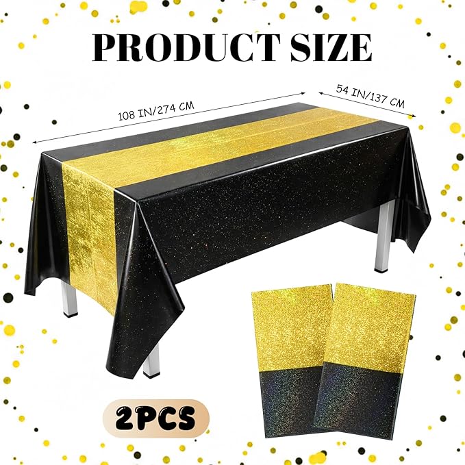 Oudain 2 Pcs Black & Gold Holographic Party Tablecloth 54 x 108 Inch Party Decoration Plastic Rectangle Table Cloth Waterproof Table Cover for Wedding Birthday Anniversary Graduation Supplies
