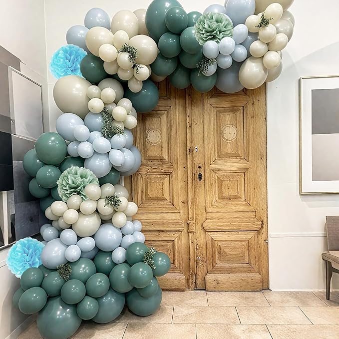 Dusty Green Blue Balloons, 12 Inch Slate Fog Blue Pastel Green White Sand Beige Balloons for Boys Baby Shower Birthday Boho Bridal Wedding Party Supplies