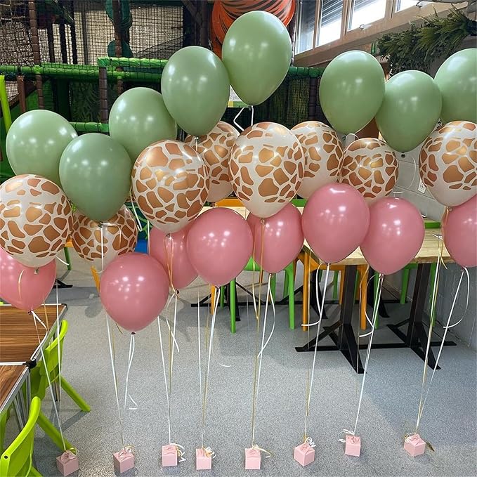 Pink Jungle Safari Balloons, 60PCS Sage Green Pastel Pink Gold Balloon, Light Pink Cream Beige Balloon with Animal Print for Girls Birthday Baby Shower Wild One Giraffe Party Decorations Supplies