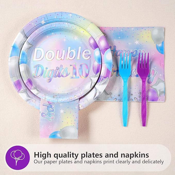 96 Pcs 10th Birthday Party Supplies Iridescent Double Digits Birthday Girl Plates and Napkins Tableware Set In My Double Digits Era Party Decor for 10 Year Old birthday Decorations Girl Boy Serves 24