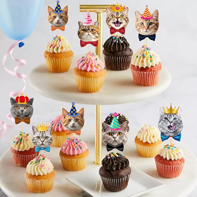 Pet Cat Cupcake Toppers, 24 PCS Pet Cats Themed Birthday Party Supplies for Meow Kitty Cat Birthday Party Baby Shower Party Decorations